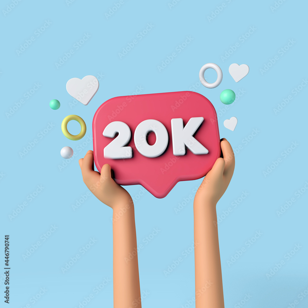 Wall mural 20k social media subscribers sign held by an influencer. 3D Rendering. - Wall murals