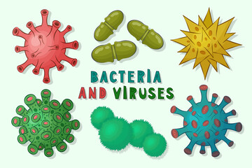 Pathogenic virus,germs, microorganisms,microbe isolated on light background.Collection of colored cartoon viruses and bacteria with bright multicolored text.Vector flat illustration.