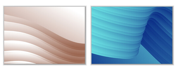 Abstract gradient waves background and folds. A set of 2 templates. 3D illustration in gentle pastel colors. Vector