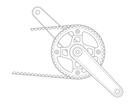 Vector black line bicycle crank with belt drives. Isolated on white background.