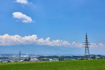 7月（夏）、小高いところから北アルプス方面を望む 長野県塩尻市