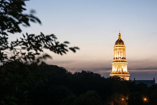 Nighttime cityscape view on Kyivo-Pechers’ka Lavra in Kiev, Ukraine. Night cityscape from heart of Kyiv.  - Powered by Adobe