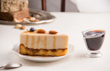 Cheesecake on a light background. Copy space. desserts