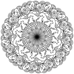 Halloween mandala, coloring page with ghosts, candles and autumn attributes