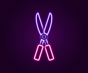 Glowing neon line Gardening handmade scissors for trimming icon isolated on black background. Pruning shears with wooden handles. Colorful outline concept. Vector