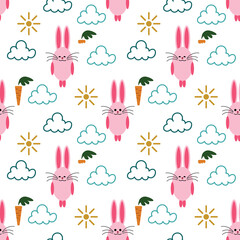 seamless repeating pattern with rabbits, carrots, suns and clouds