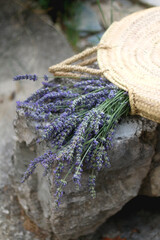 Straw bag with fresh picked lavender flowers. Selective focus.