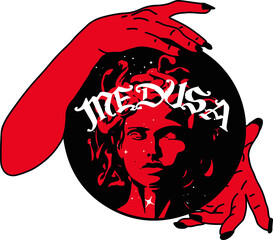 hands with medusa slogan Vector design for t-shirt graphics, banner, fashion prints, slogan tees, stickers, flyer, posters and other creative uses	