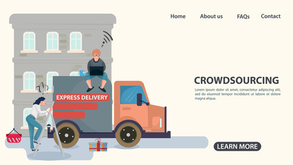 A girl climbs on a delivery truck to a guy sitting on the roof crowdsourcing concept illustration in a flat style for design design