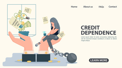 Obraz premium A girl in shackles sits on the palm of her hand in front of a money tree the concept of credit dependence in the world is an illustration in a flat style for design