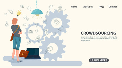 A person looks at the rotating gears the concept of crowdsourcing an illustration in a flat style for the design design