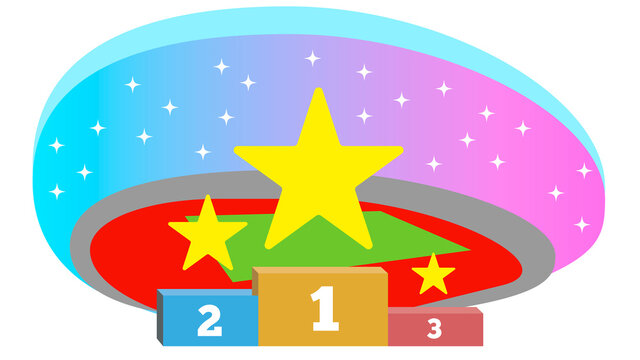 Winners podium with 1st, 2nd and 3rd place and yellow stars in different sizes. In the background sport stadium or arena with stars in the sky. Vector illustration.