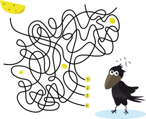 Maze game educational labyrinth for children cute crow with cheese vector image.