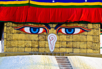 Eyes of the Buddha on the great stupa at Swayambhunath buddhist temple near Kathmandu, Nepal