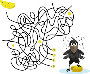 Maze game educational labyrinth for children cute crow with cheese vector image.
