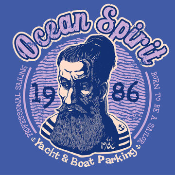 Design t-shirt Ocean Spirit. Professional Sailing with sailor old salt and vintage fonts. vector illustration. 