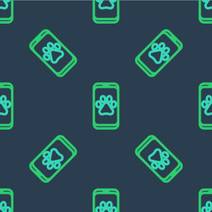 Line Veterinary clinic symbol icon isolated seamless pattern on blue background. Cross hospital sign. A stylized paw print dog or cat. Pet First Aid sign. Vector