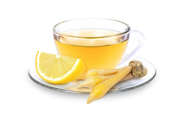 Finger root  herbal tea and lemon isolated on white