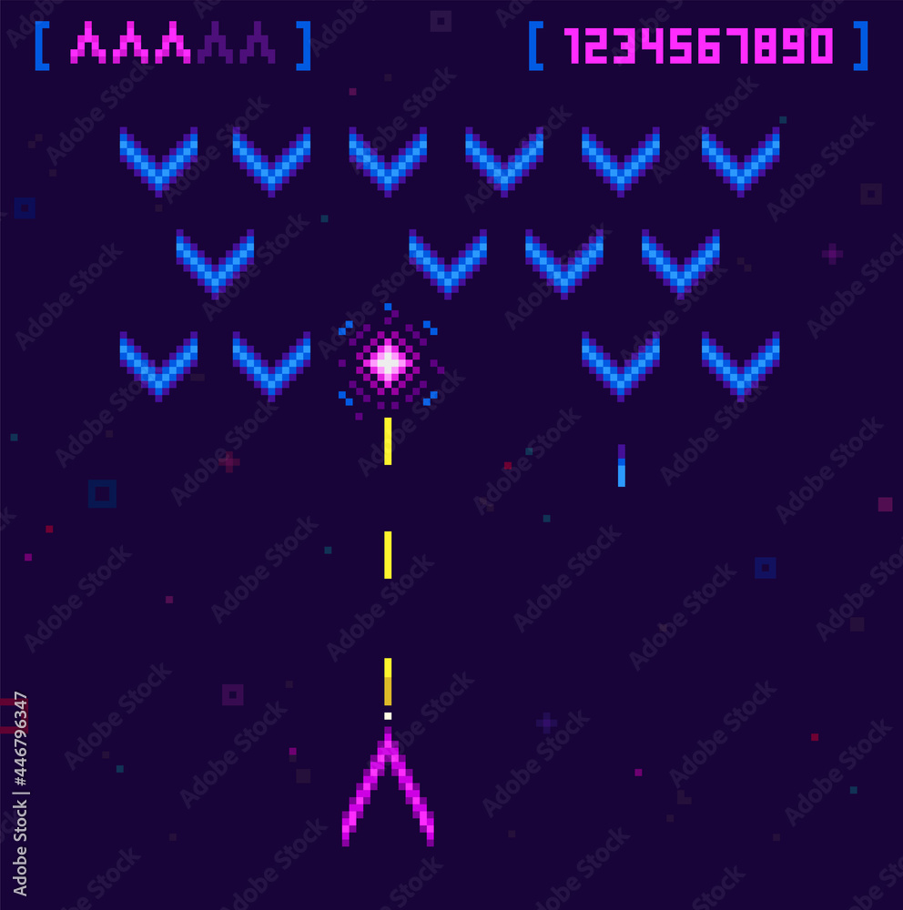 Poster pixel art 8 bit arcade video game of space ufo battle. simple pixel explosion and spaceship. retro 8