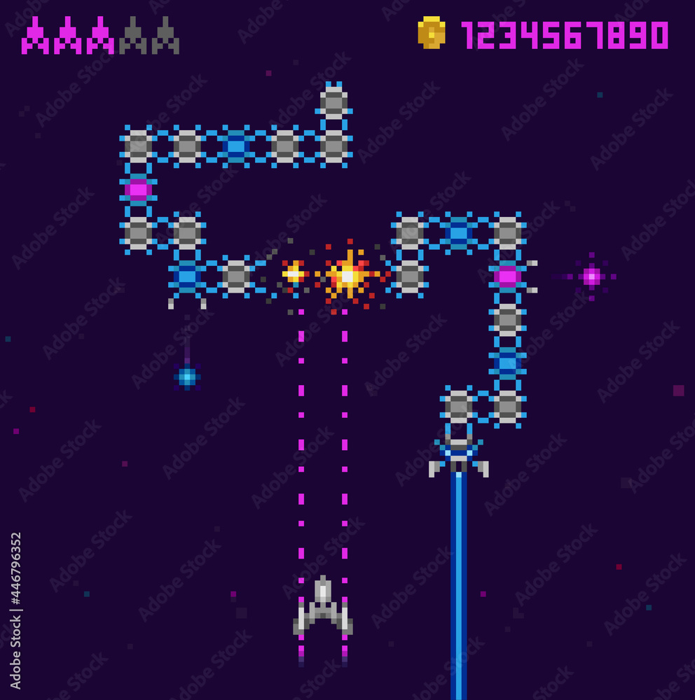 Poster retro 8 bit arcade space snake video game vector template. 8 bit ufo game trendy 80s style. pixel st