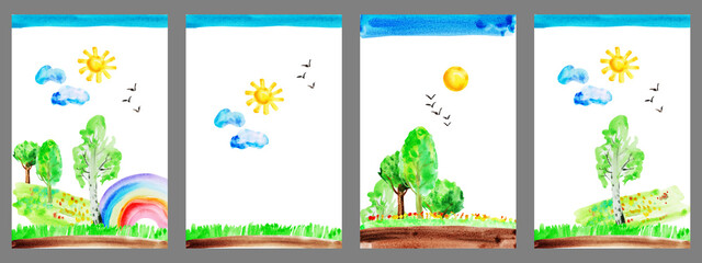 Watercolor hand drawn naive kids drawing with rainbow, sun, sky, birds, tree, grass