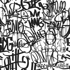 Vector Graffiti street art tags on white background seamless pattern. Hip Hop style endless background for print fabric and textile design. Spray paint graffiti tags © VRTX