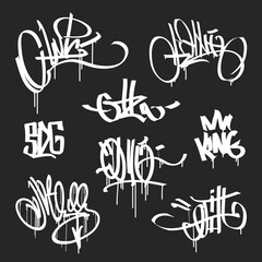 Fototapeta na wymiar Set of vector Graffity Street Art tags on black background. Hand drawing Calligraphy New School Street art Graffiti Tags. Hip Hop street art elements for prints design
