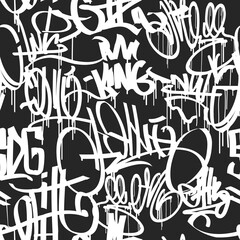 Graffiti street art hip hop tags - black and white vector seamless pattern. Hip Hop style endless background for print fabric and textile design. Spray paint graffiti tags