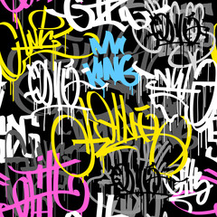 Graffiti street art tags colorful grunge style vector seamless pattern. Hip Hop street art endless background for print fabric and textile design. Meaningless spray paint graffiti tags - obrazy, fototapety, plakaty
