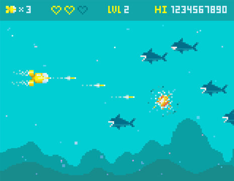 Pixel art 8 bit arcade game underwater landscape with bathyscaphe or submarine vs sharks. Retro video game shark attack. Vector template