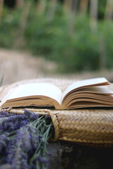 Straw bag filled with fresh lavender flowers and open book. Selective focus.