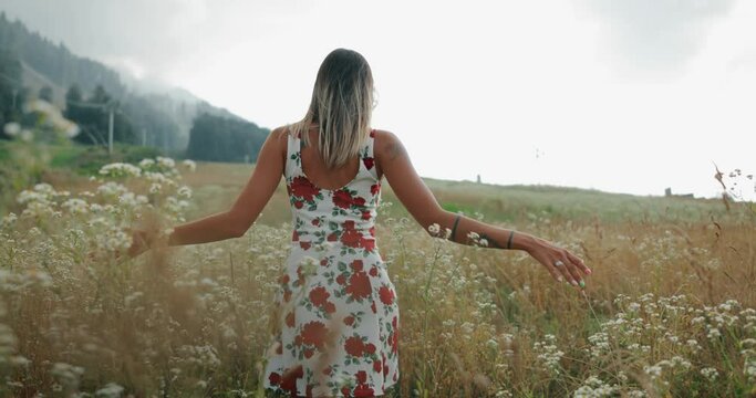 Girl in the white dress with red flowers, filmed from the back walking trough the field the field, touching ears of grass moving in the wind. Shallow depth of field, 4k