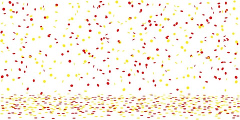 Yellow and red confetti rain on white background	