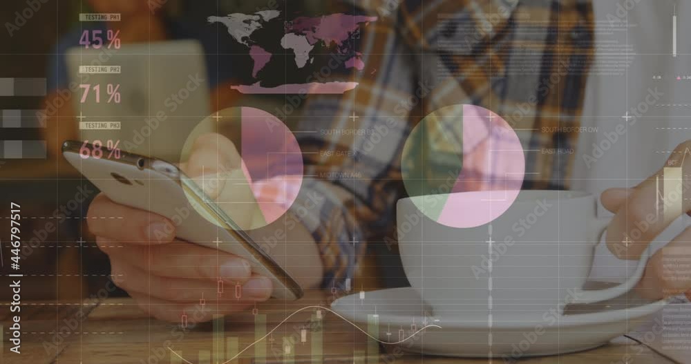 Poster Animation of statistics and data processing over man using smartphone