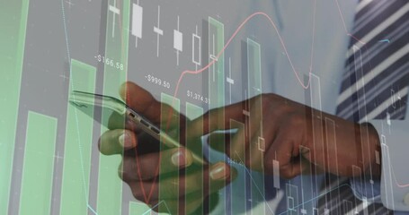 Animation of statistics and data processing over businessman using smartphone - Powered by Adobe