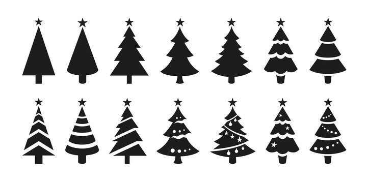 Christmas tree icons, silhouettes in black color. Vintage vector icons isolated on white background. Silhouettes of christmas trees with a stars at the top. Big set for decoration.