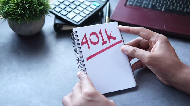 Notepad with word 401k on white background, close up ,