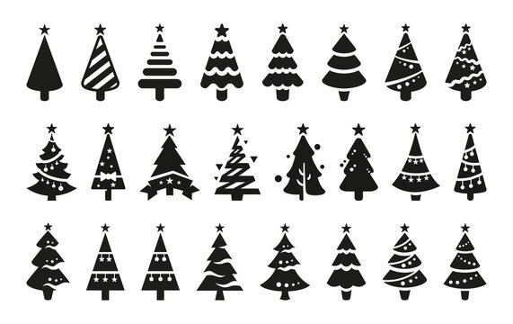 Christmas tree icons, silhouettes in black color. Vintage vector icons isolated on white background. Silhouettes of christmas trees with a stars at the top. Big set for decoration.