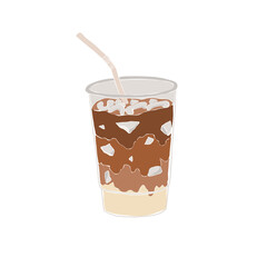 Ice coffee cup. Cold espresso tonic with milk in transparent glass. Ice latte summer drink. Abstract feminine vector illustrations. Summer trendy simple icons. Instagram post, business advertisement.