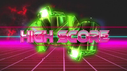 Animation of high score text in pink metallic letters over neon lines