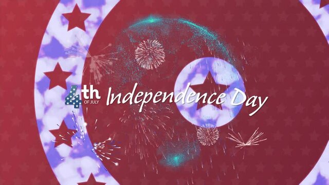 Animation of independence day text over american flag stars and coloured on circles