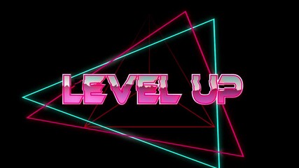 Animation of level up text in pink metallic letters over neon lines