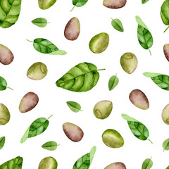 Olives and basil watercolor seamless pattern