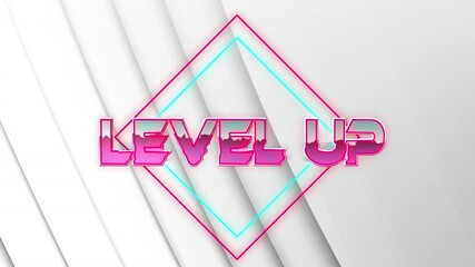 Animation of level up text in pink metallic letters over neon lines