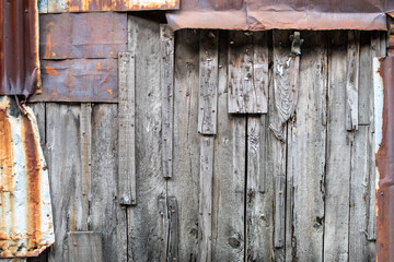 texture of old rusty zinc and wood plank