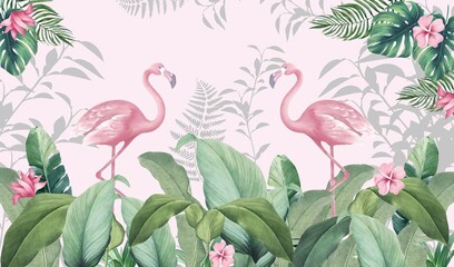 Fototapety  Fototapety do pokoju. Różowe flamingi. Flamingi na tle liści. Tropikalne liście, tropiki, flamingi.