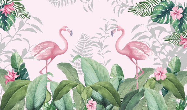 Photo wallpapers for the room. Pink flamingos. Flamingos on a background of leaves. Tropical leaves, tropics, flamingos.