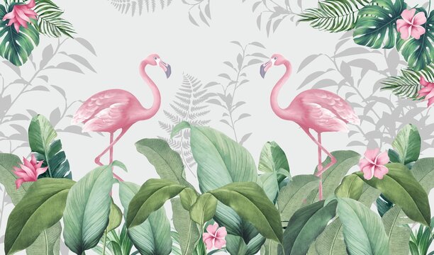 Photo wallpapers for the room. Pink flamingos. Flamingos on a background of leaves. Tropical leaves, tropics, flamingos.