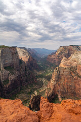 Looking out from Observation Point over Zion Canyon with views of Angels Landing and the Zion scenic drive.  Zion National Park, Utah, USA.