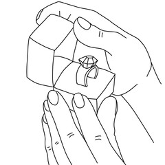 Engagement ring with box and hands illustration 